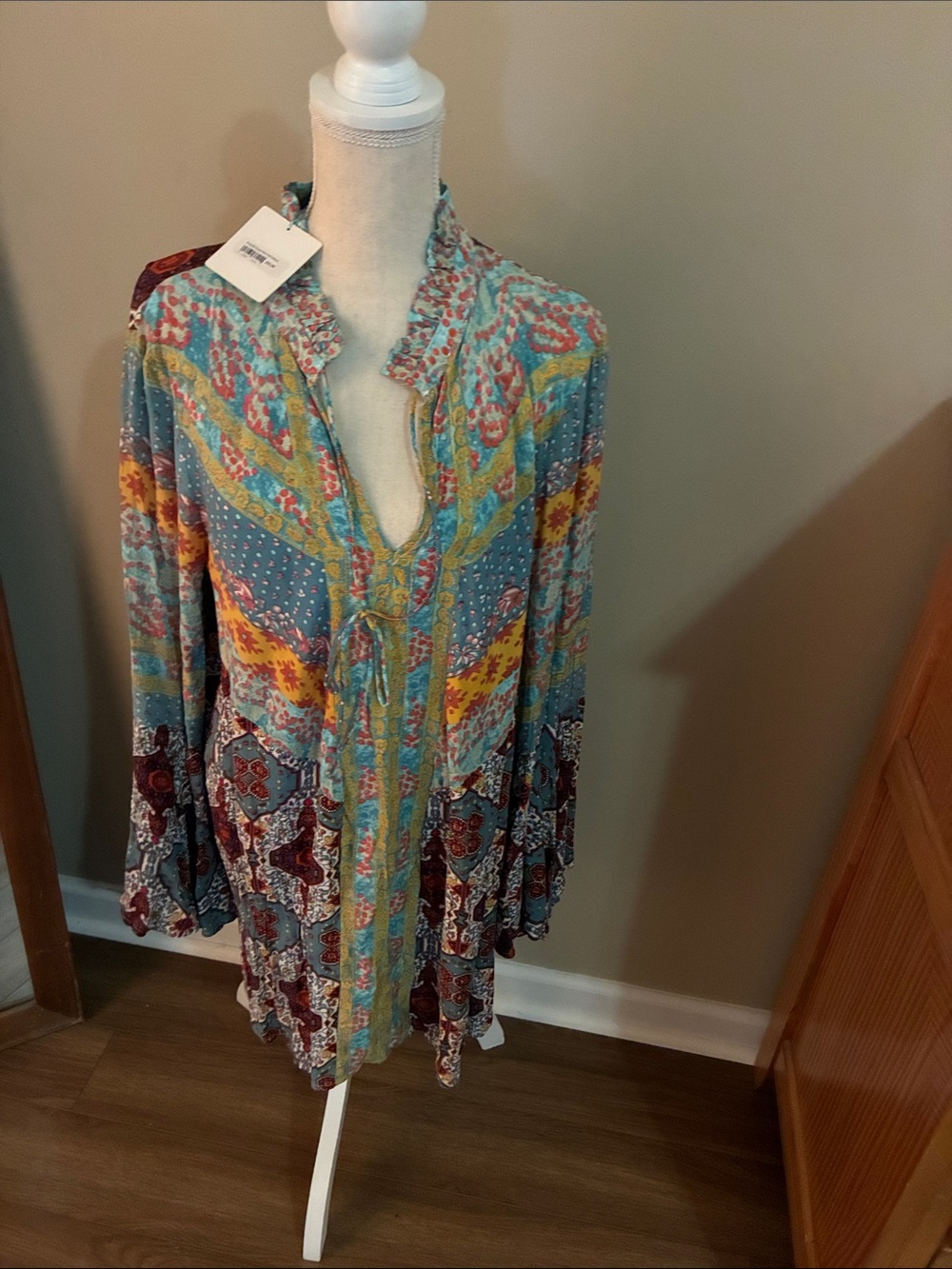 Umgee Teal Multicolor Boho Patchwork Tunic